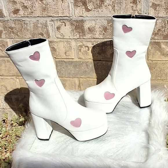 Platform High Heel Boots White Pink Hearts Side-Zip Calf Lenght Women Size 8.5 - Picture 7 of 16